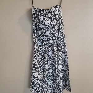 Designer White/Black Floral Black and White Strapless Dress